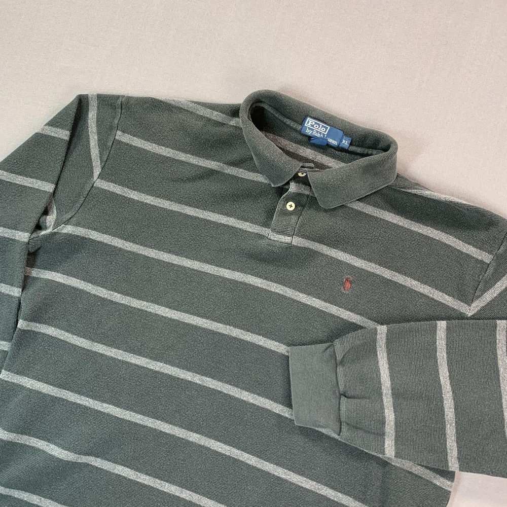 Polo By Ralph Lauren Polo Shirt Mens XL Gray Stripe Long SLV Red Pony Waffle